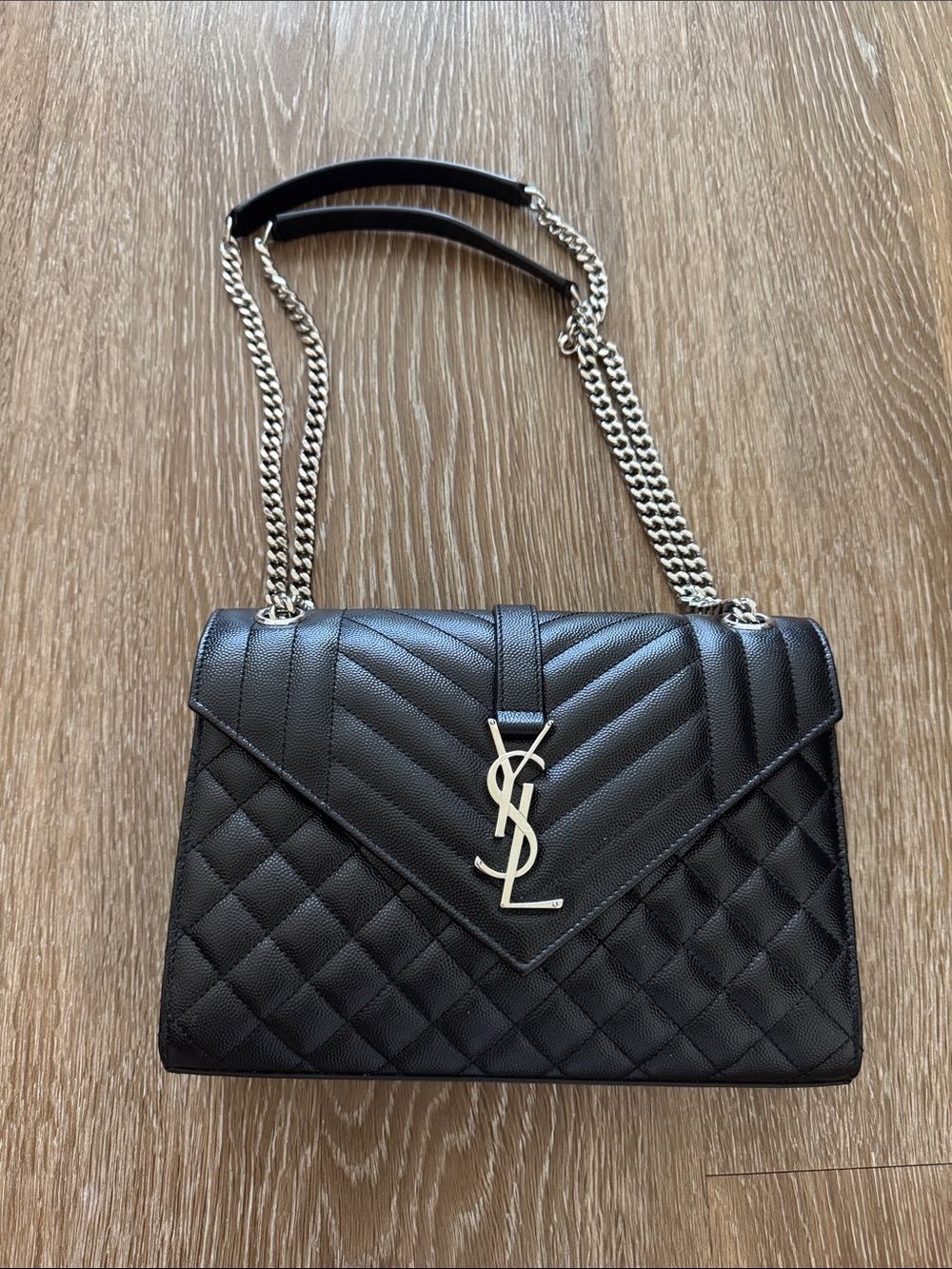 Saint Laurent Black Quilted YSL Envelope Shoulder Bag with Silver Chain